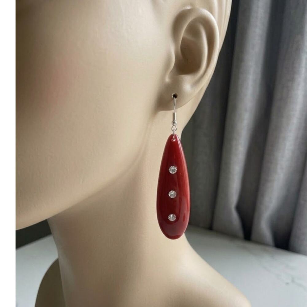 Vintage 1980s Y2K Muted Red Rhinestone Plastic Dangle Earrings 3”